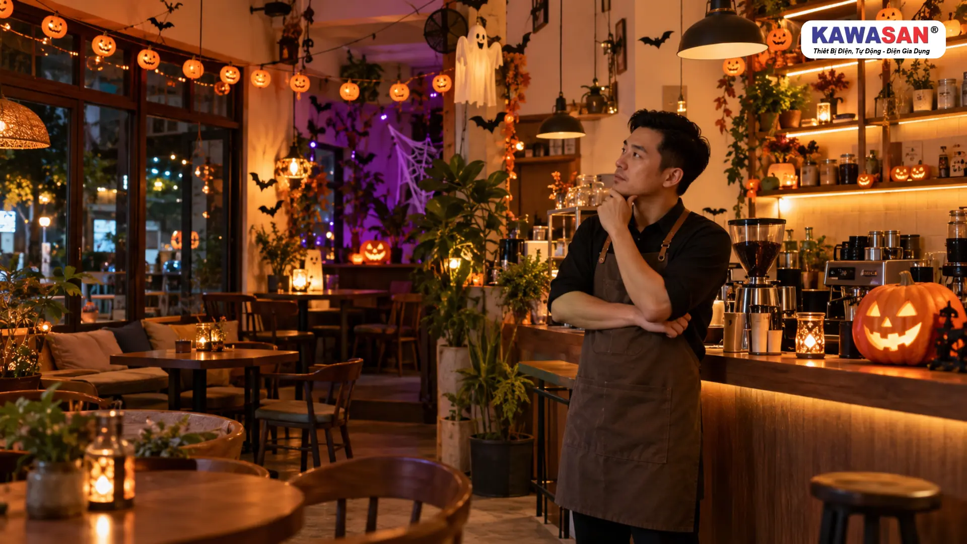 Đèn trang trí Halloween tại quán cà phê với nhiều bộ đèn LED sử dụng điện.