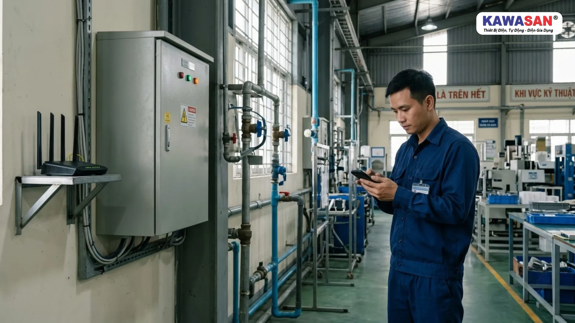 Kỹ thuật viên sử dụng điện thoại bên cạnh tủ điện và router WiFi trong nhà xưởng
