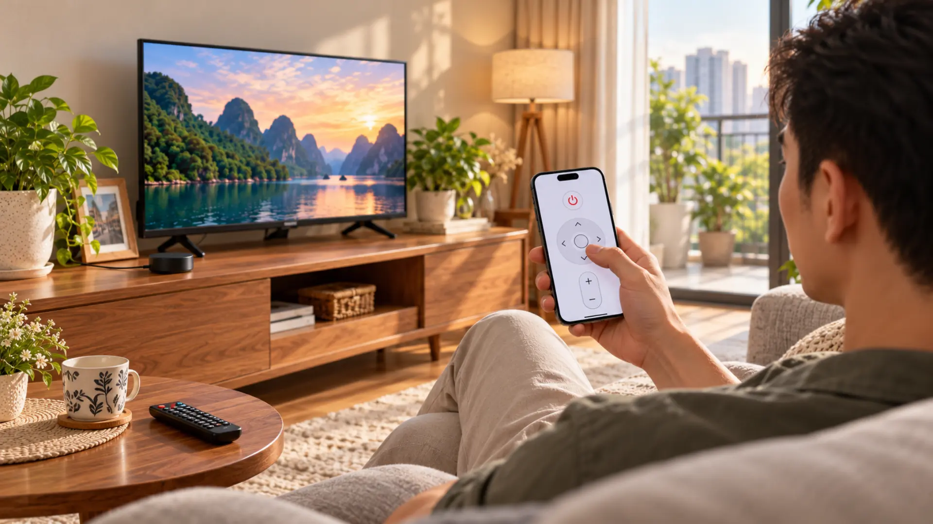 Người đàn ông ngồi trên sofa điều khiển TV bằng điện thoại, remote gốc đặt trên bàn bên cạnh.