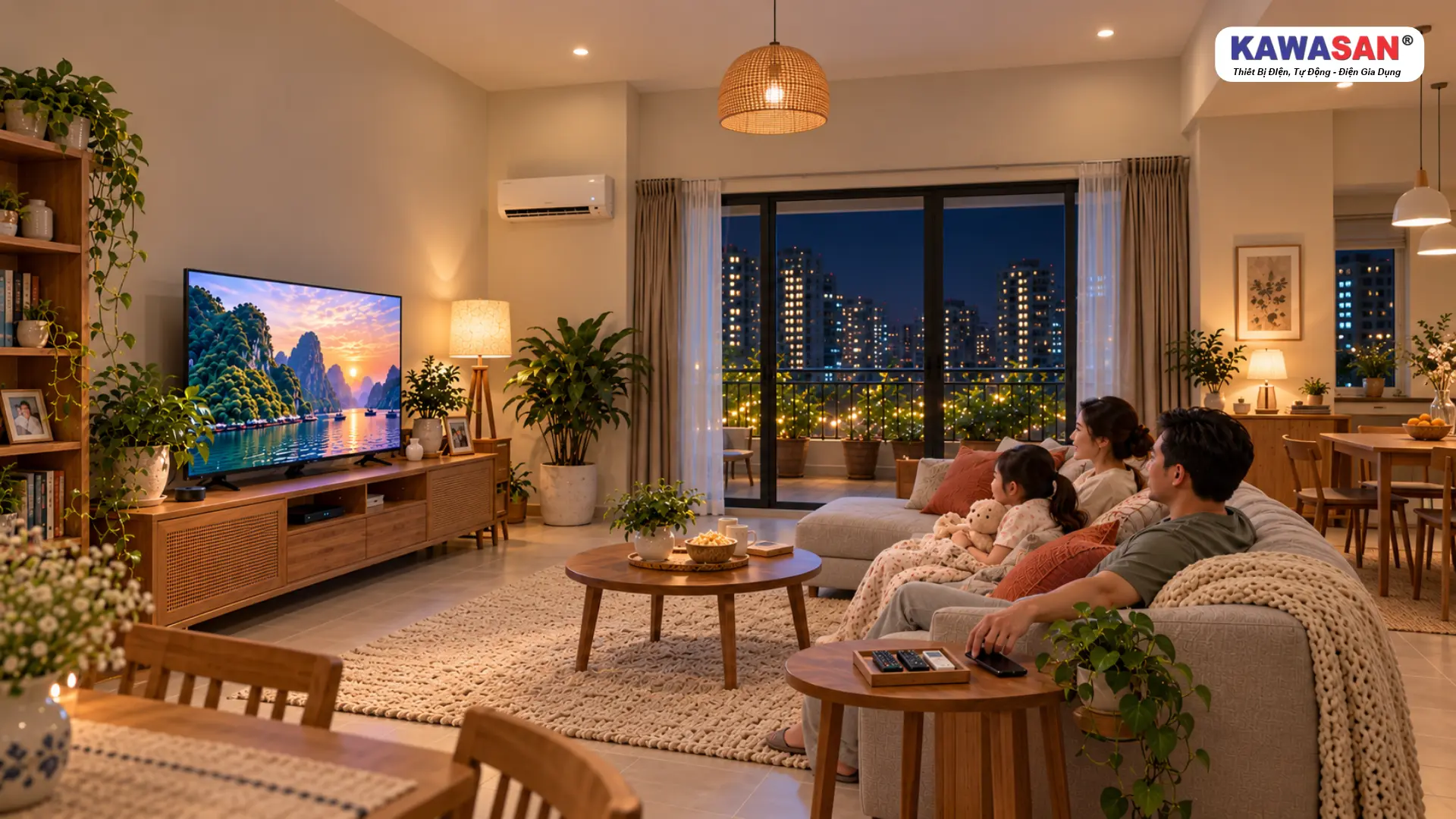 Gia đình Việt Nam cùng xem TV buổi tối, ba remote xếp trong khay cạnh sofa.