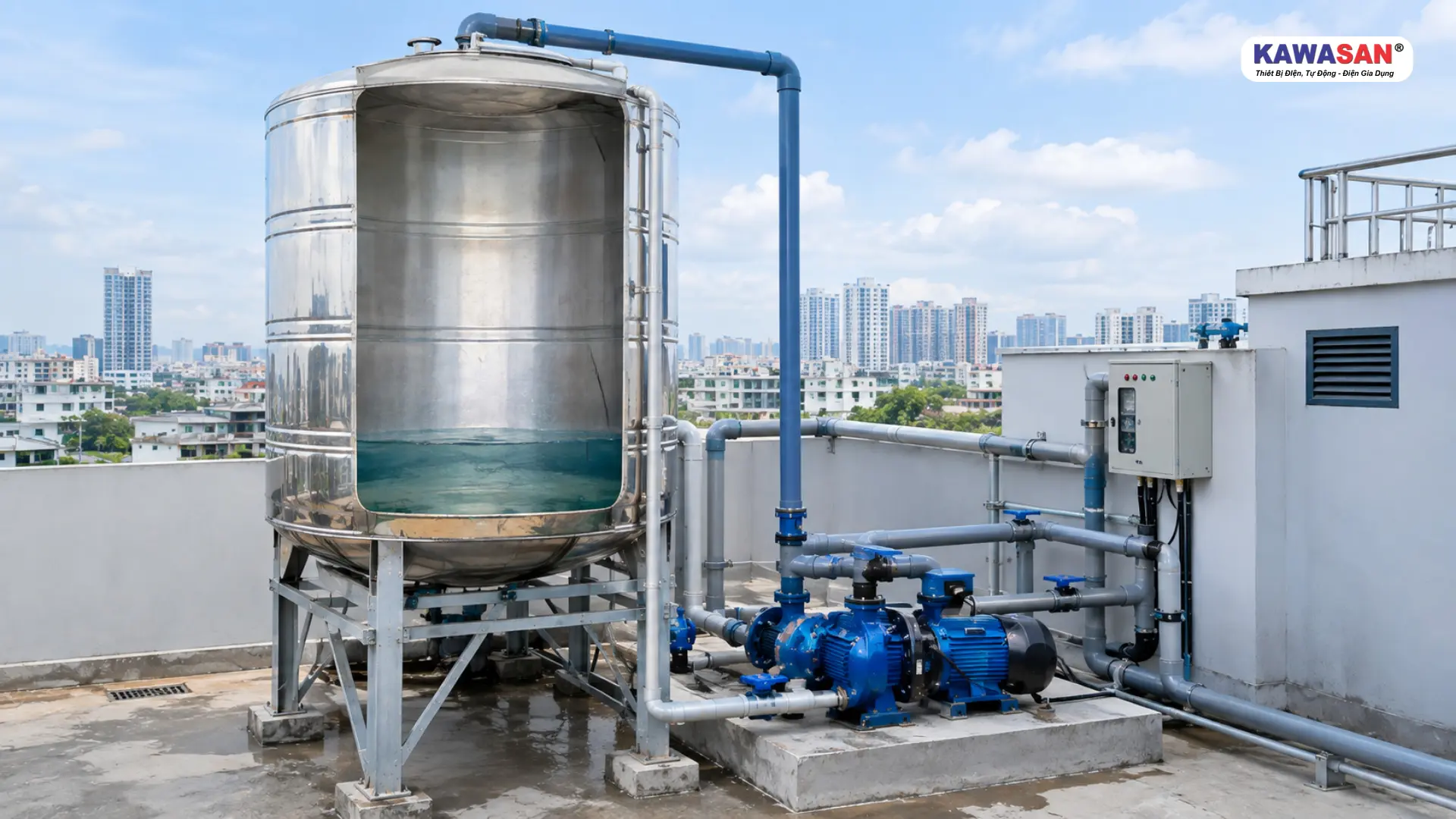 Hệ thống bồn nước và máy bơm cấp nước cho tòa nhà