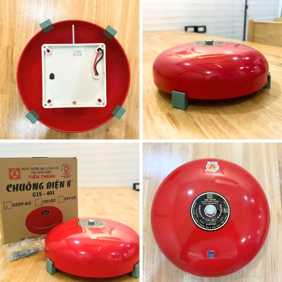 Bốn góc chụp chuông điện gồm mặt trước, mặt sau, góc nghiêng và hộp sản phẩm