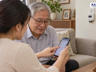 Con gái hướng dẫn bố lớn tuổi xem cài đặt trên điện thoại, bộ chuông KAWASAN cắm ở tường phía sau.