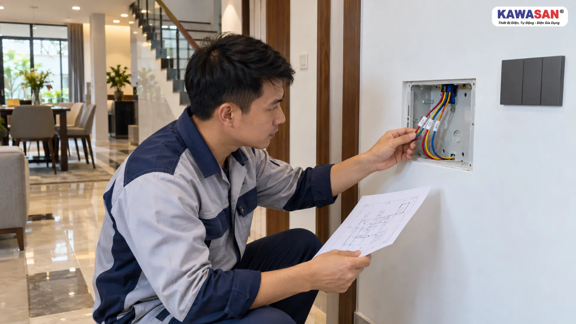 Kỹ thuật viên kiểm tra dây điện trước khi lắp thiết bị nhà thông minh