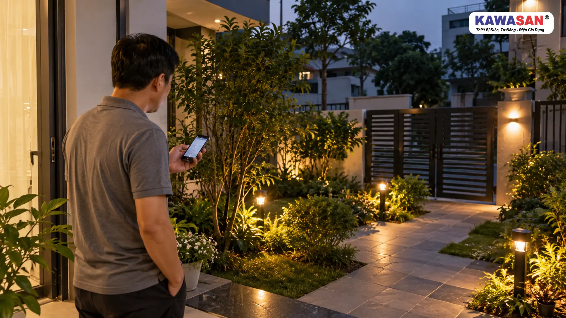 Người đàn ông kiểm tra đèn sân vườn sau khi có điện để xem hệ thống có hoạt động đúng lịch hẹn giờ hay không.