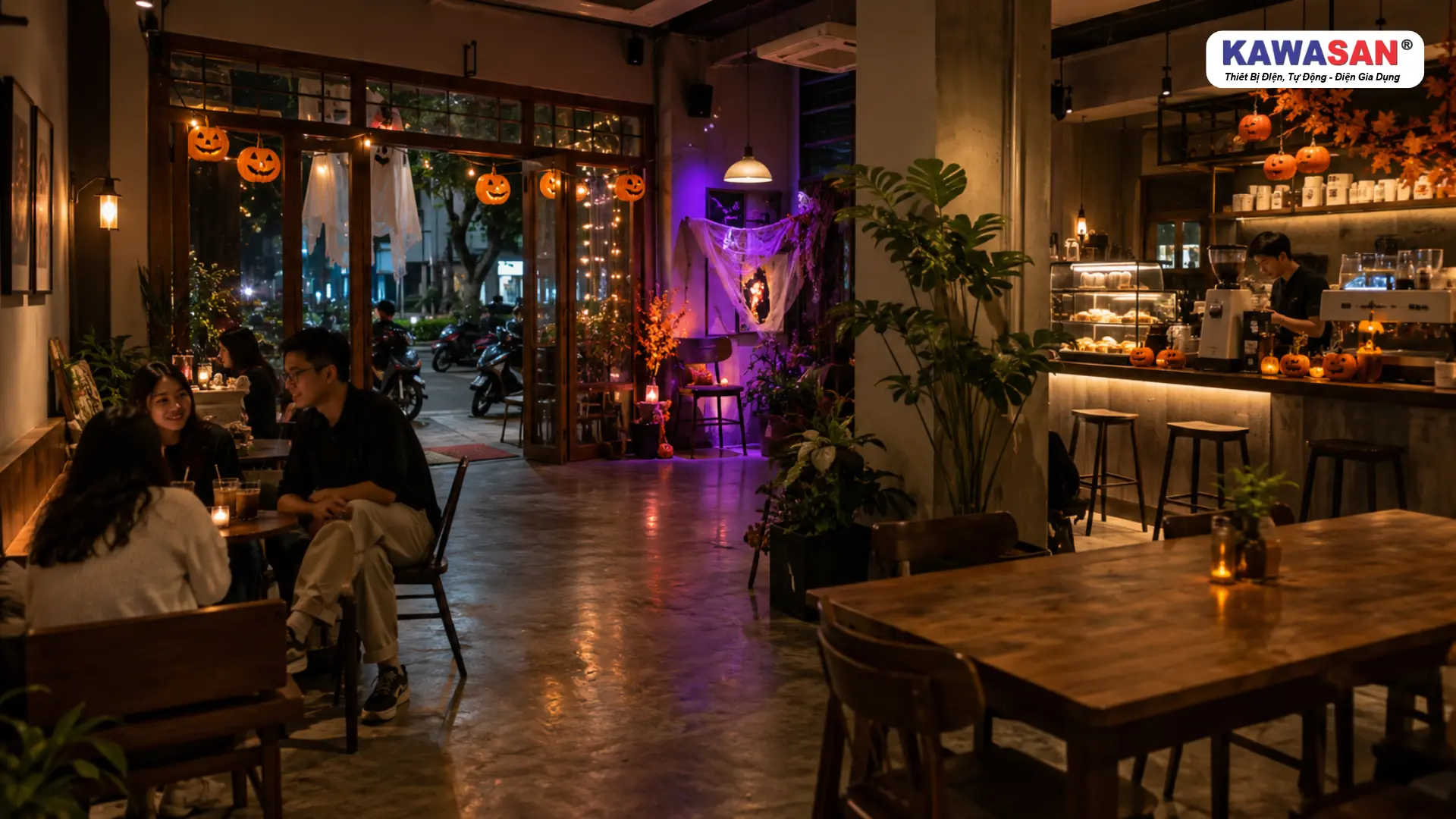 Không gian quán cà phê trang trí Halloween bằng đèn LED bố trí hợp lý tại các khu vực nổi bật.