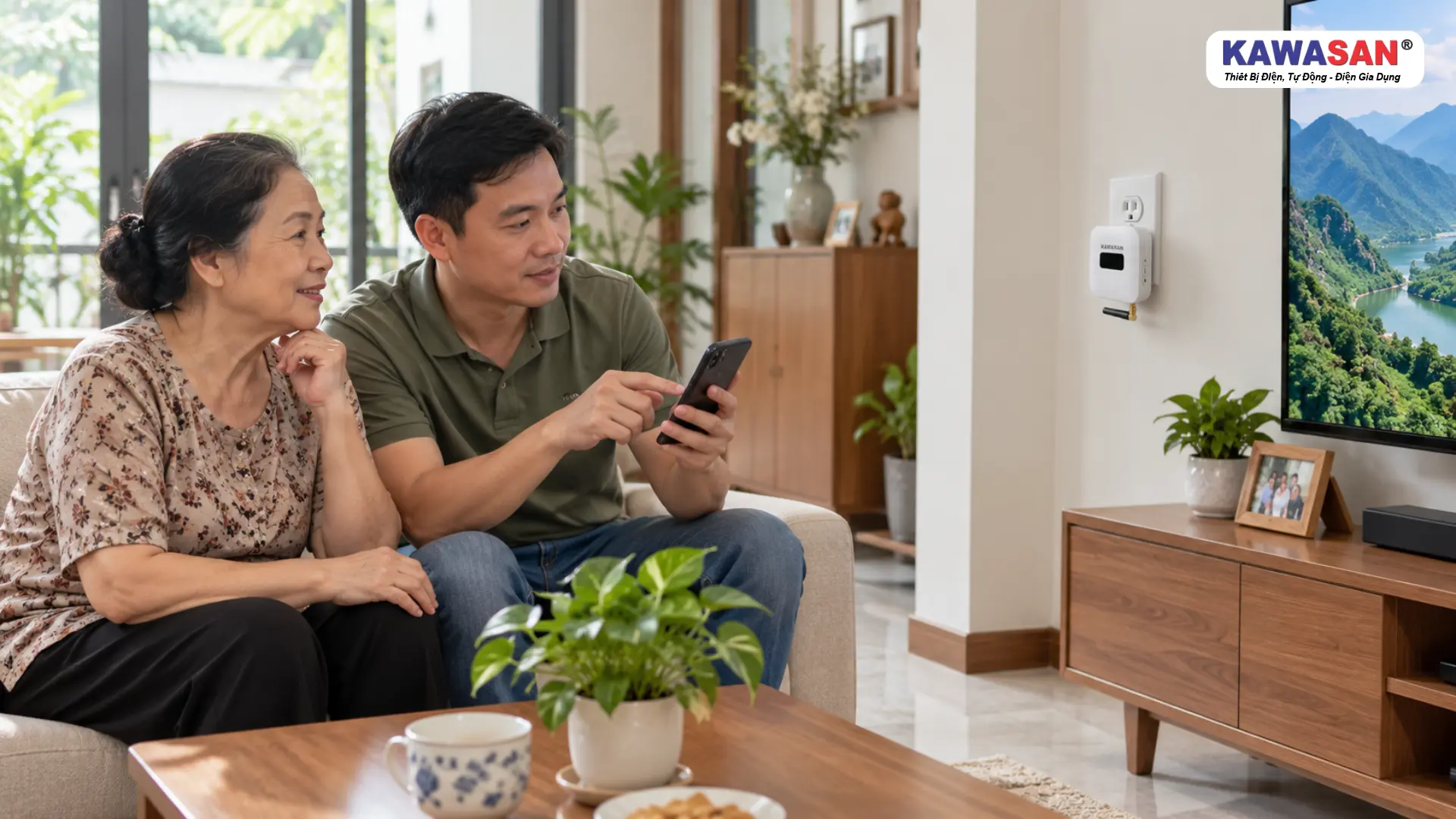 Người mẹ ngồi cạnh con trai cầm điện thoại, bộ trung tâm chuông cửa DB08-Wifi cắm trên tường gần TV.