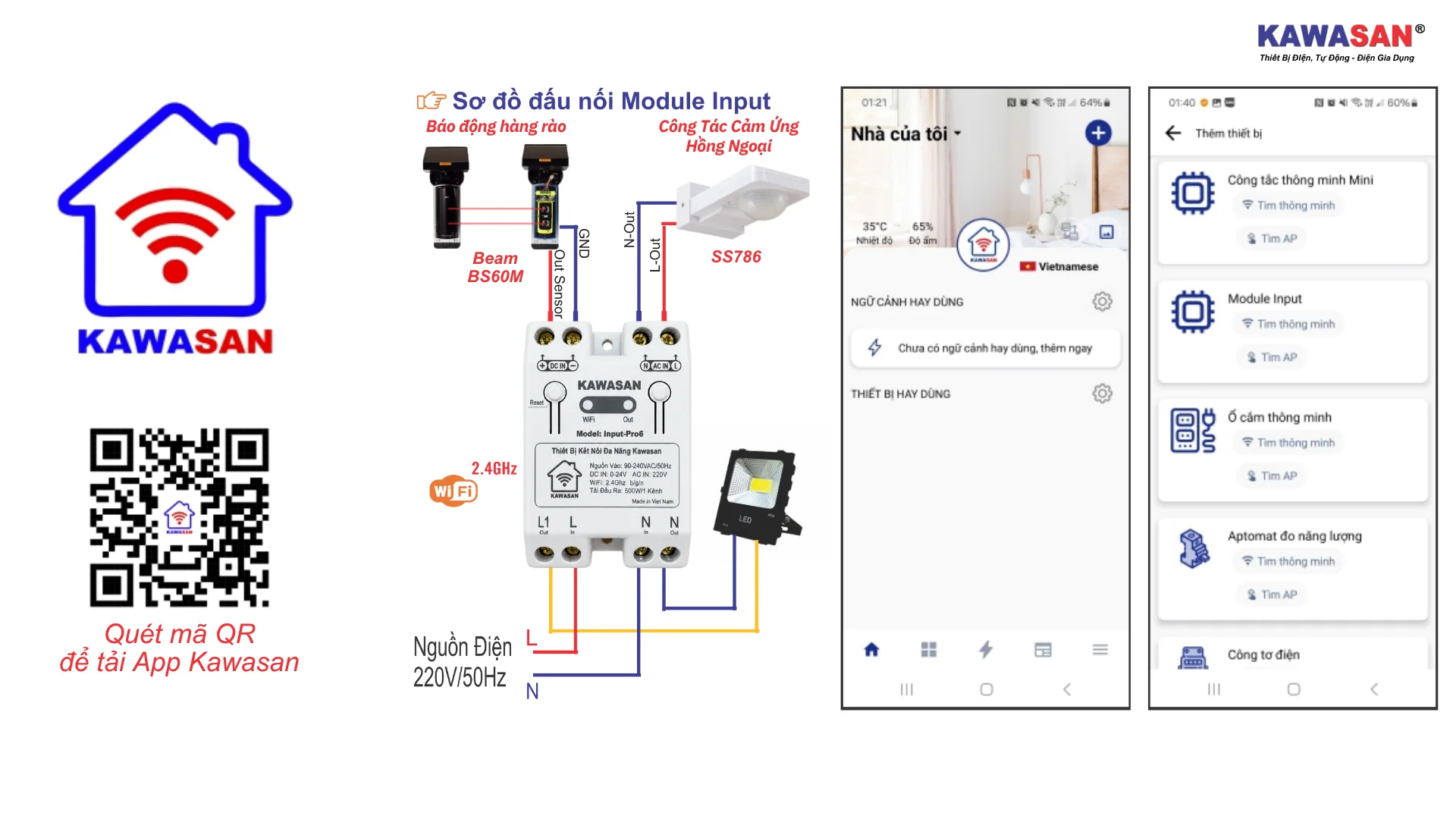 Sơ đồ kết nối KAWASAN Input-Pro6 với beam cảm biến và ứng dụng KAWASAN