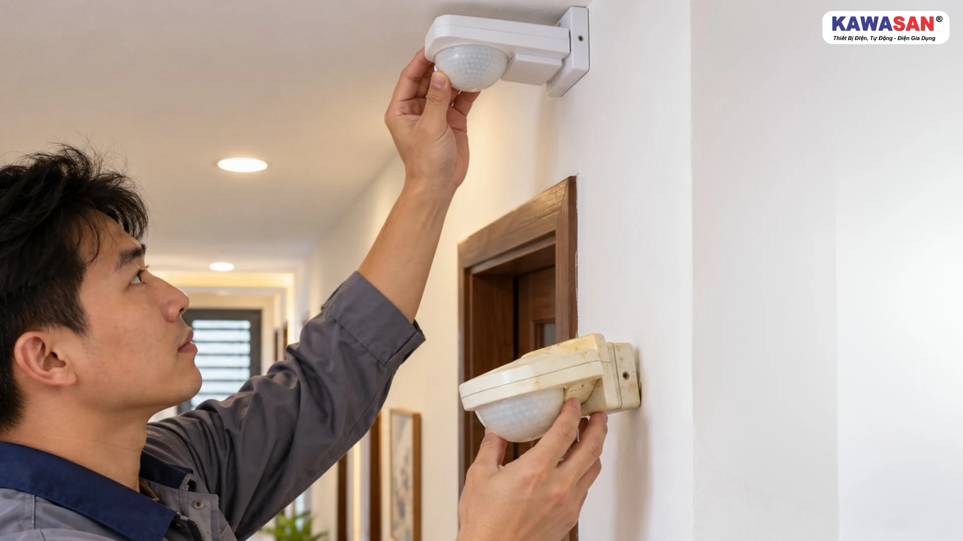 Kỹ thuật viên kiểm tra và thay cảm biến hồng ngoại cũ trong nhà