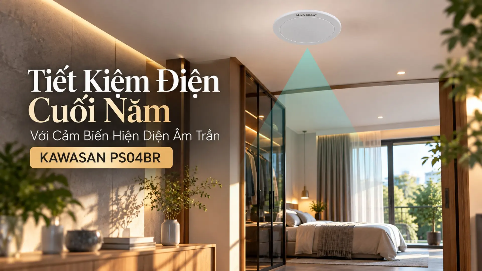 Minh họa cảm biến hiện diện âm trần KAWASAN PS04BR với góc quét 360 độ và chiều cao lắp đặt 2 đến 4 mét.