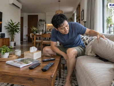 Người đàn ông nhấc gối sofa tìm remote trong phòng khách có TV và máy lạnh.
