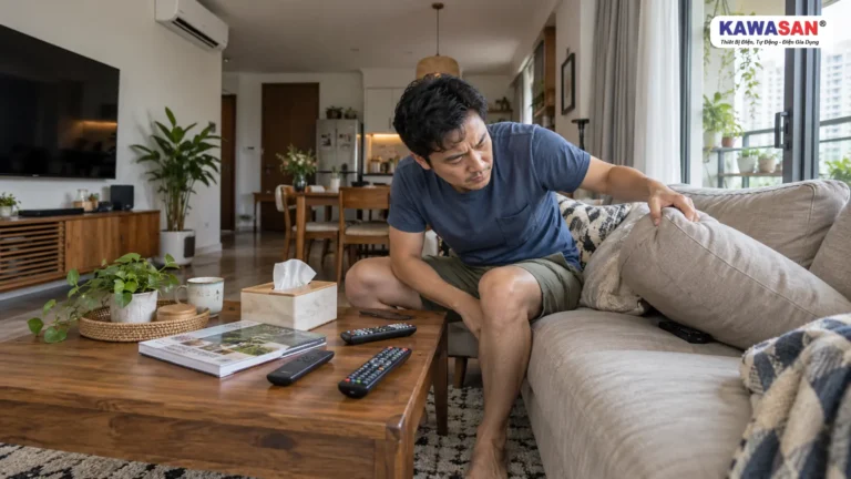 Người đàn ông nhấc gối sofa tìm remote trong phòng khách có TV và máy lạnh.