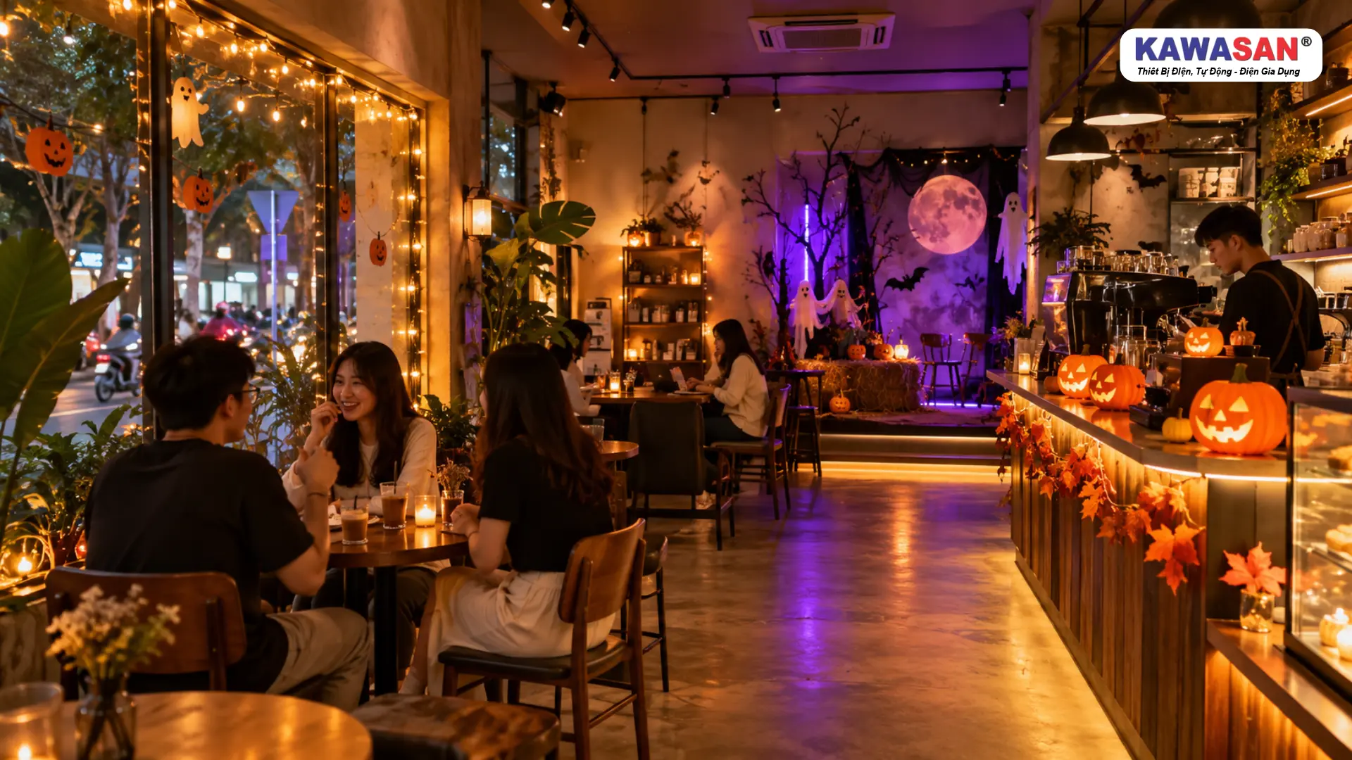 Nhiều bộ đèn trang trí Halloween hoạt động cùng lúc tại quán cà phê.