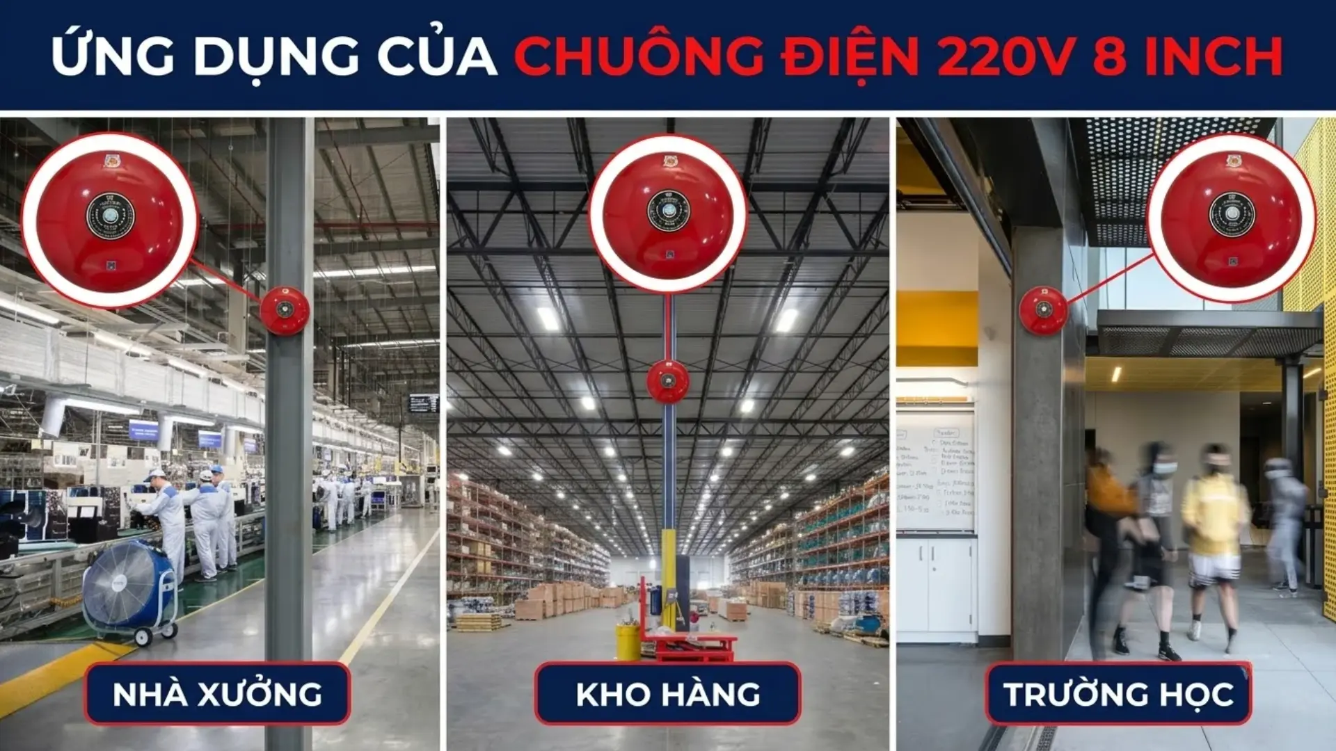 Minh họa chuông điện lắp tại nhà xưởng, kho hàng và trường học